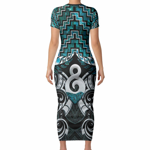 New Zealand Maori Short Sleeve Bodycon Dress Poutama Pikorua - Single Twist Paua Shell