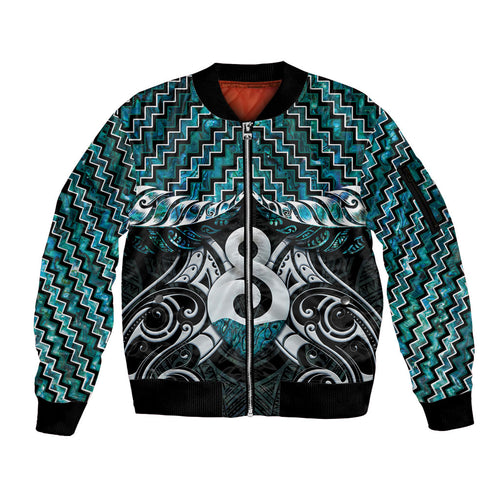 New Zealand Maori Sleeve Zip Bomber Jacket Poutama Pikorua - Single Twist Paua Shell