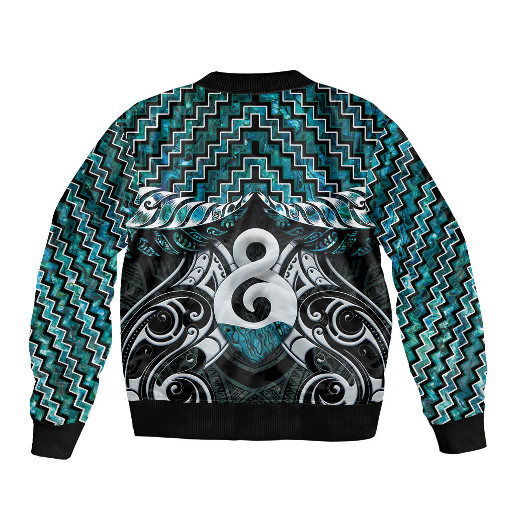New Zealand Maori Sleeve Zip Bomber Jacket Poutama Pikorua - Single Twist Paua Shell