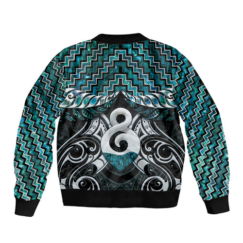 New Zealand Maori Sleeve Zip Bomber Jacket Poutama Pikorua - Single Twist Paua Shell