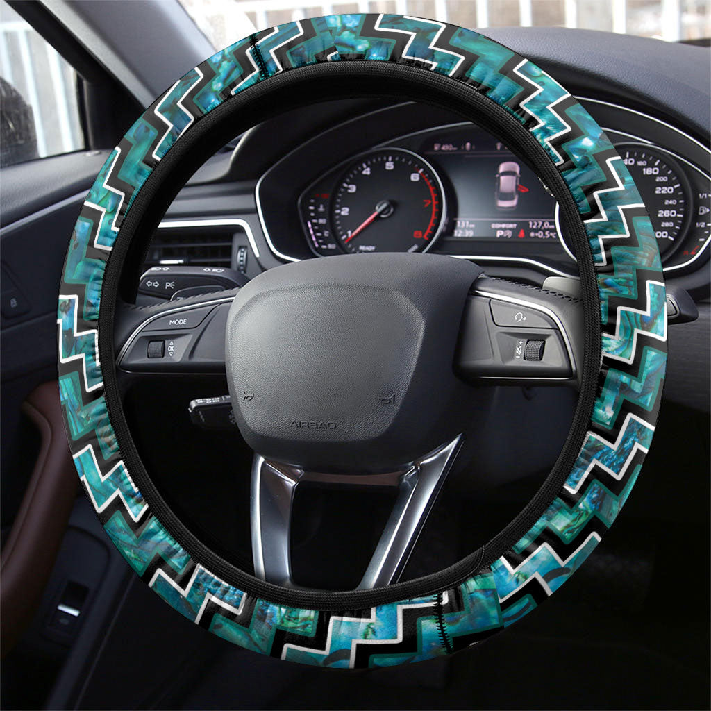 New Zealand Maori Steering Wheel Cover Poutama Pikorua - Single Twist Paua Shell