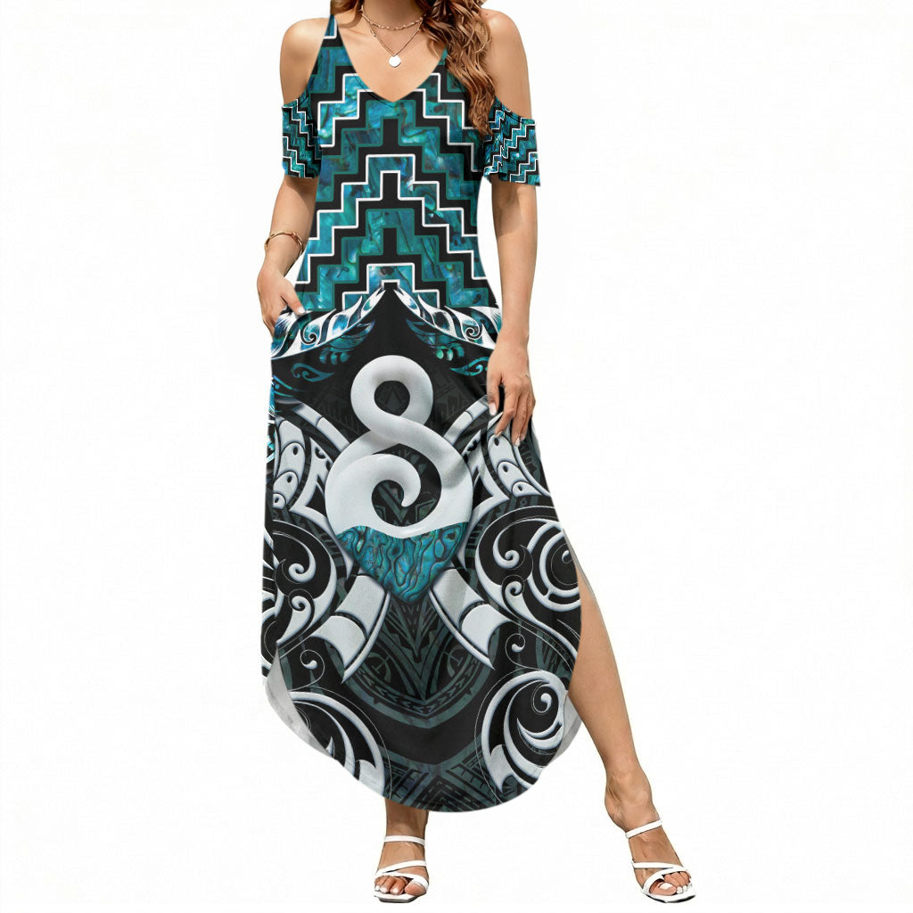 New Zealand Maori Summer Maxi Dress Poutama Pikorua - Single Twist Paua Shell