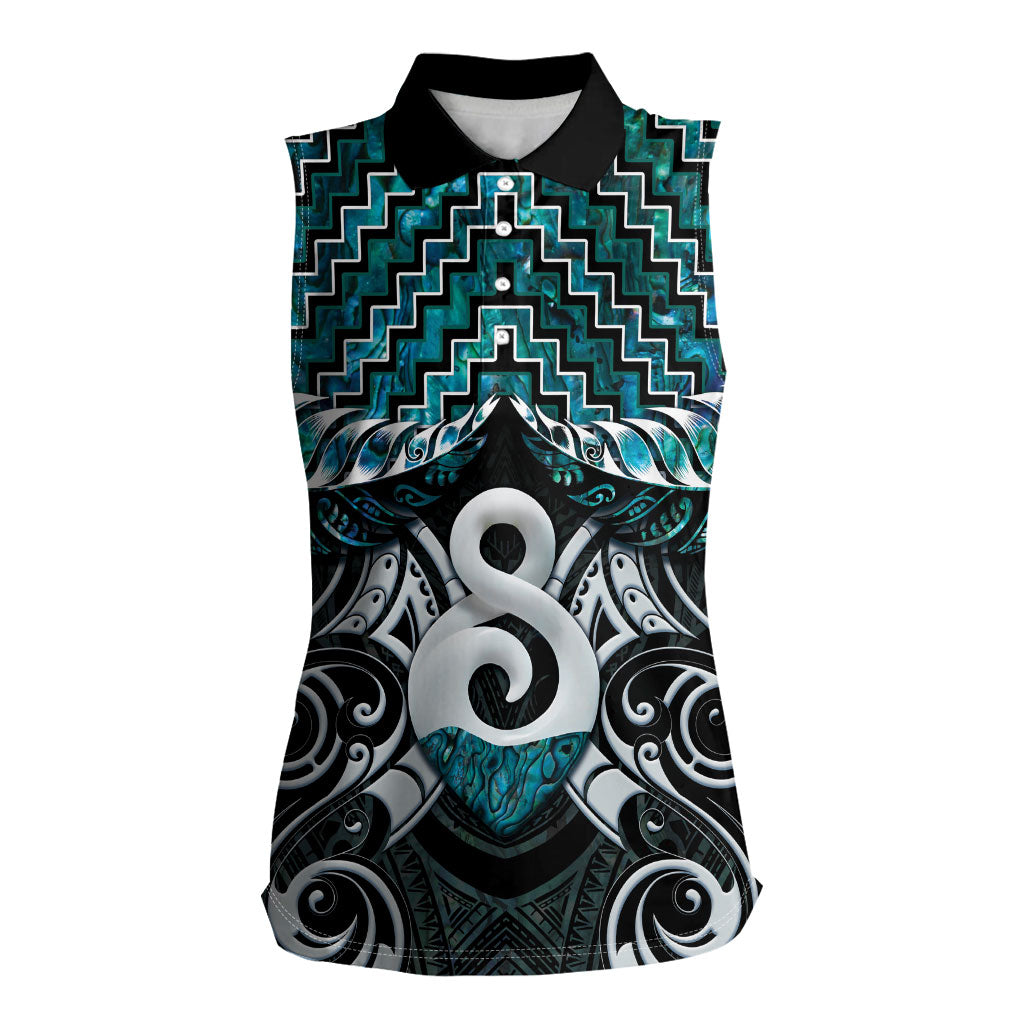 New Zealand Maori Women Sleeveless Polo Shirt Poutama Pikorua - Single Twist Paua Shell