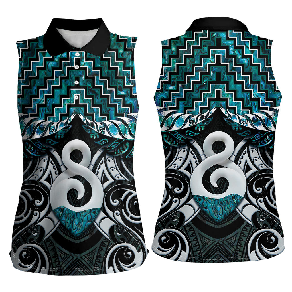 New Zealand Maori Women Sleeveless Polo Shirt Poutama Pikorua - Single Twist Paua Shell