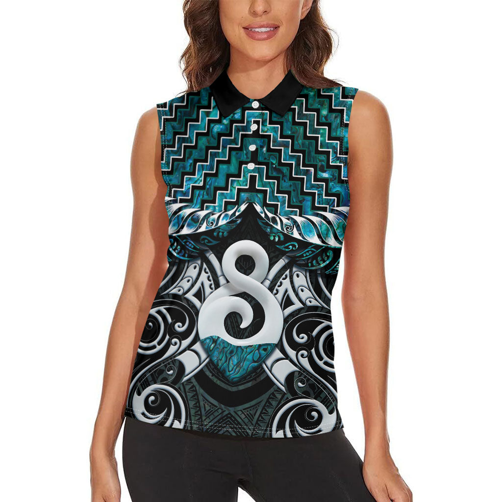 New Zealand Maori Women Sleeveless Polo Shirt Poutama Pikorua - Single Twist Paua Shell