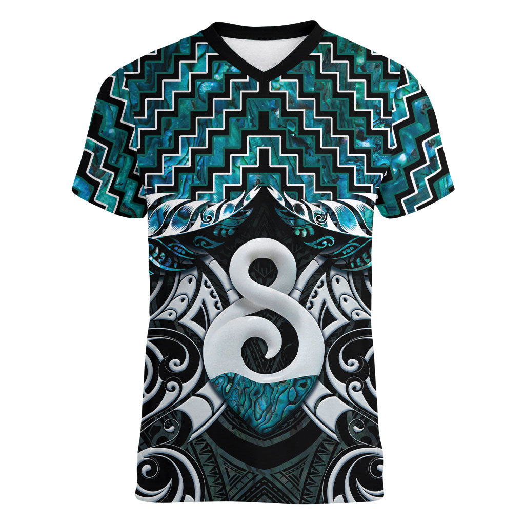 New Zealand Maori Women V-Neck T-Shirt Poutama Pikorua - Single Twist Paua Shell