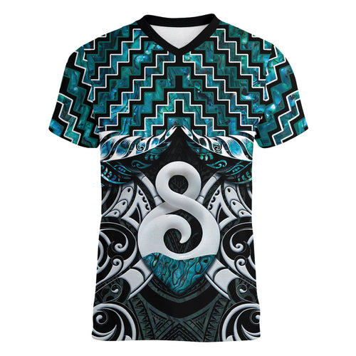 New Zealand Maori Women V-Neck T-Shirt Poutama Pikorua - Single Twist Paua Shell