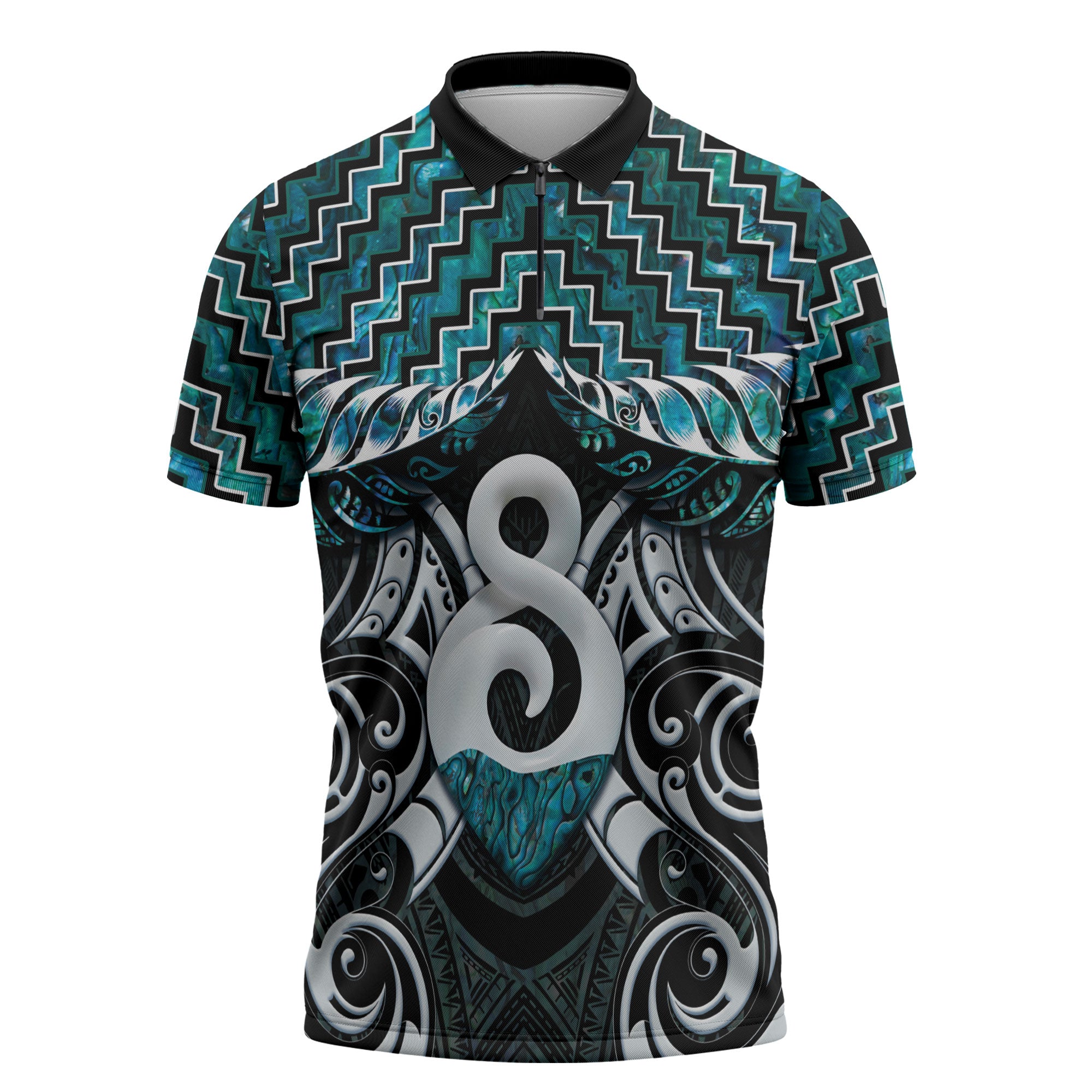 New Zealand Maori Zipper Polo Shirt Poutama Pikorua - Single Twist Paua Shell