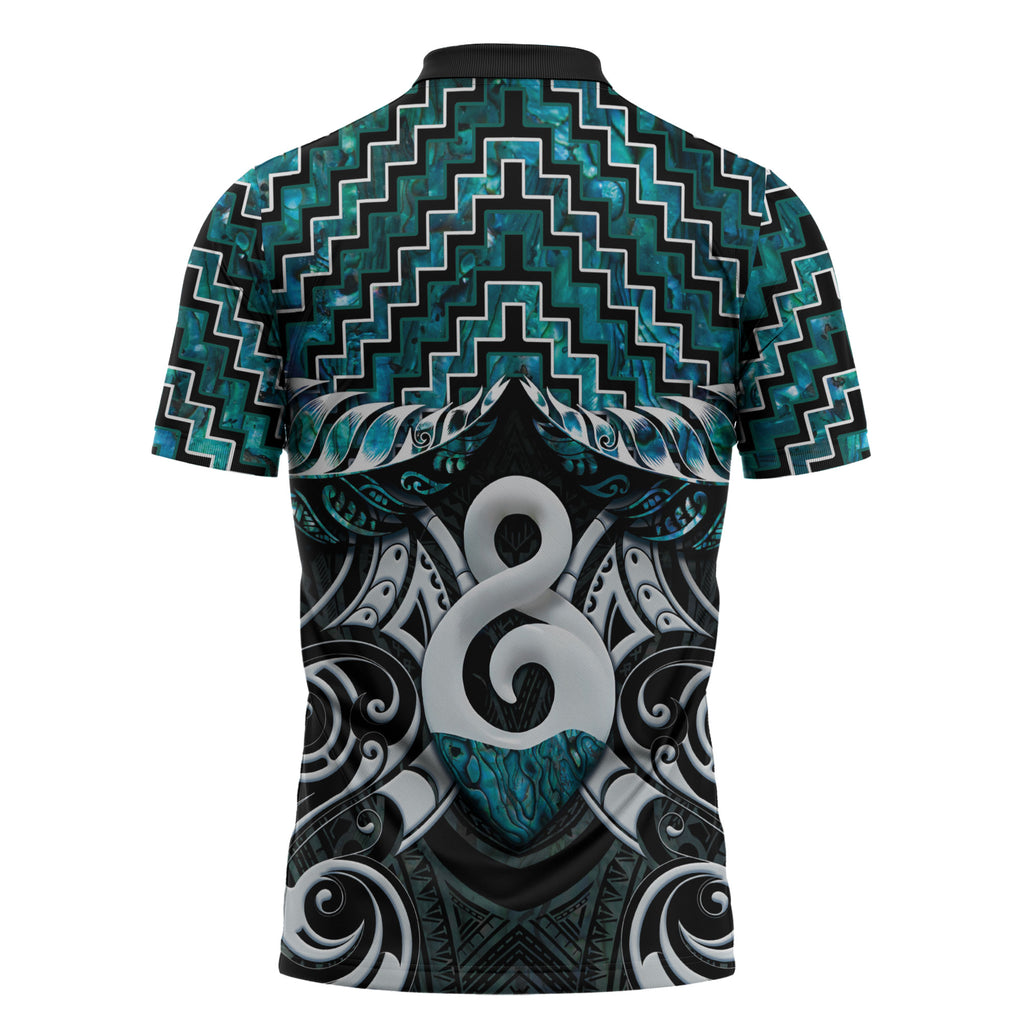 New Zealand Maori Zipper Polo Shirt Poutama Pikorua - Single Twist Paua Shell