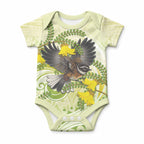 New Zealand Piwakawaka Fantail Bird Baby Onesie With Kowhai Flowers