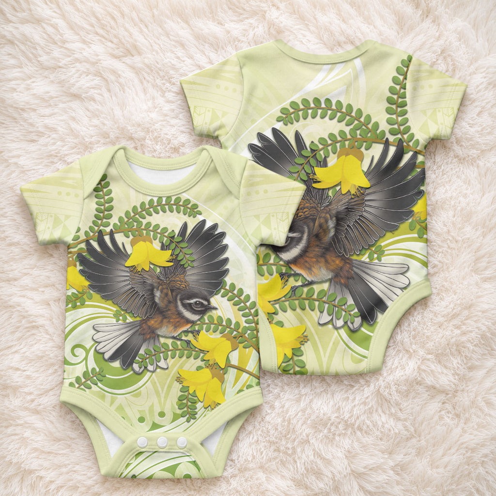 New Zealand Piwakawaka Fantail Bird Baby Onesie With Kowhai Flowers