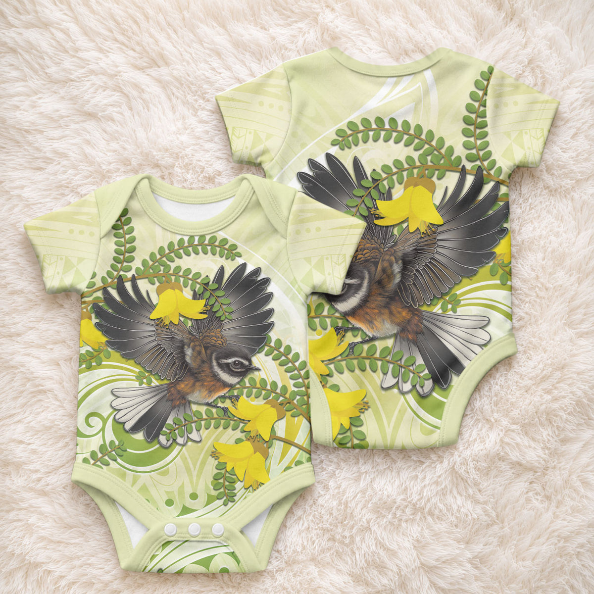 New Zealand Piwakawaka Fantail Bird Baby Onesie With Kowhai Flowers