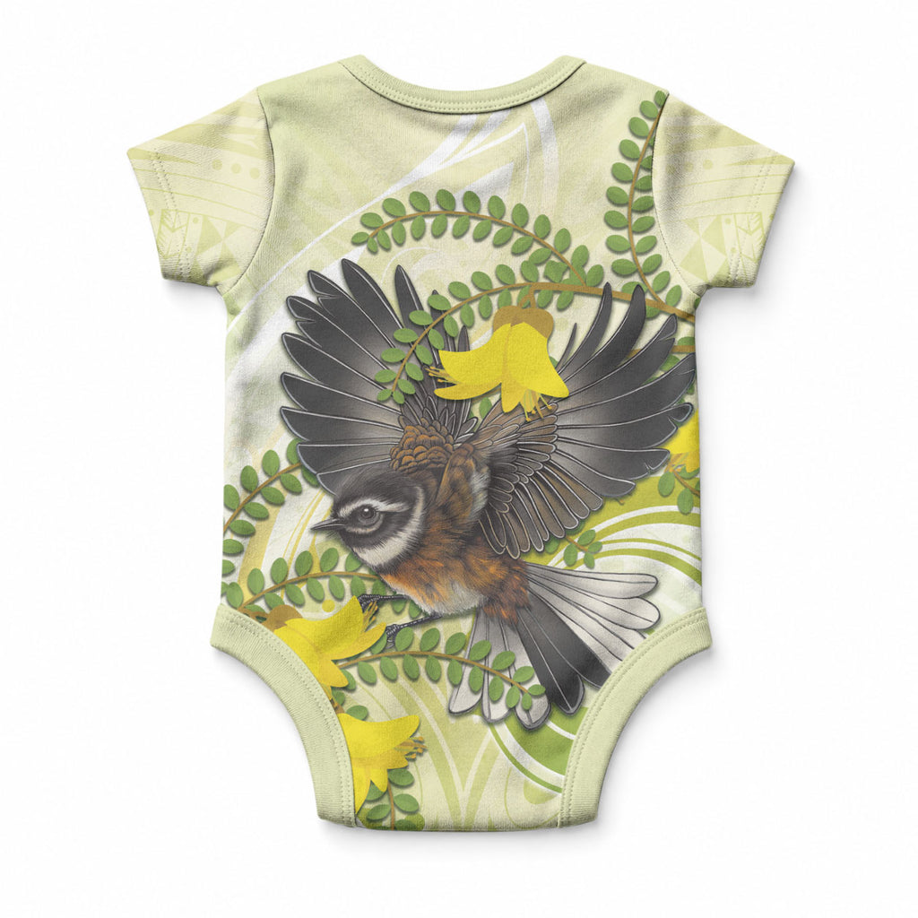 New Zealand Piwakawaka Fantail Bird Baby Onesie With Kowhai Flowers