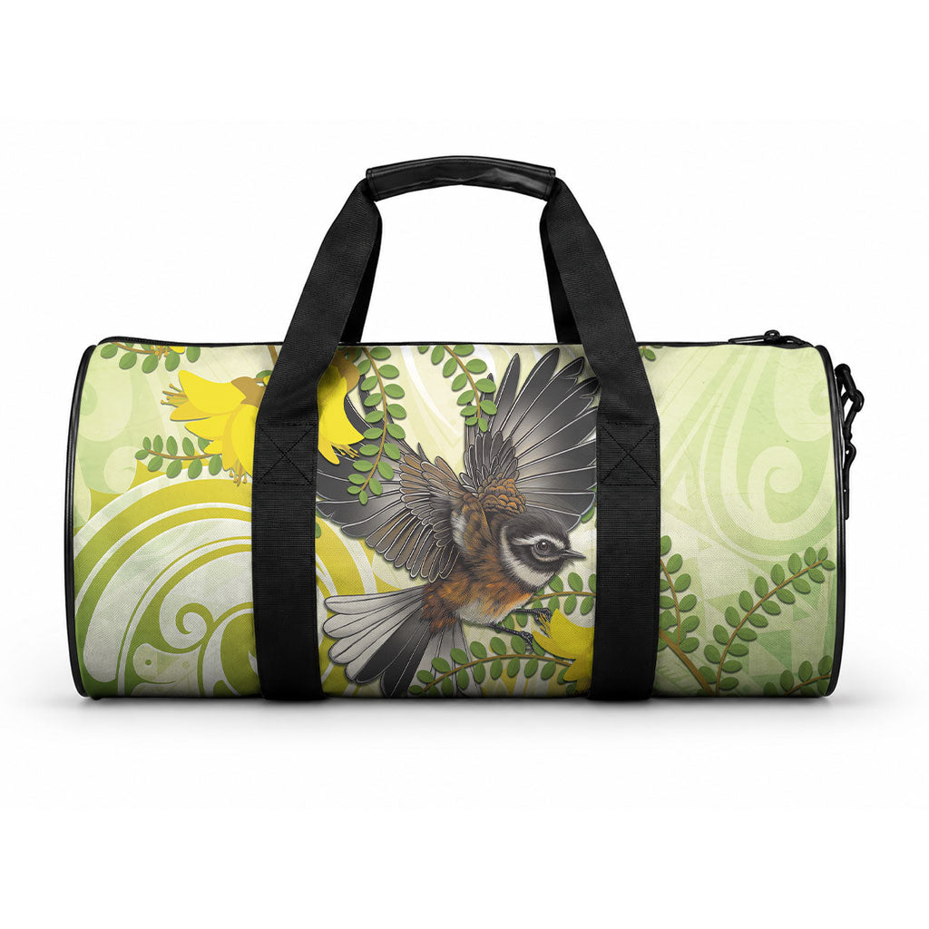 New Zealand Piwakawaka Fantail Bird Duffle Bag With Kowhai Flowers