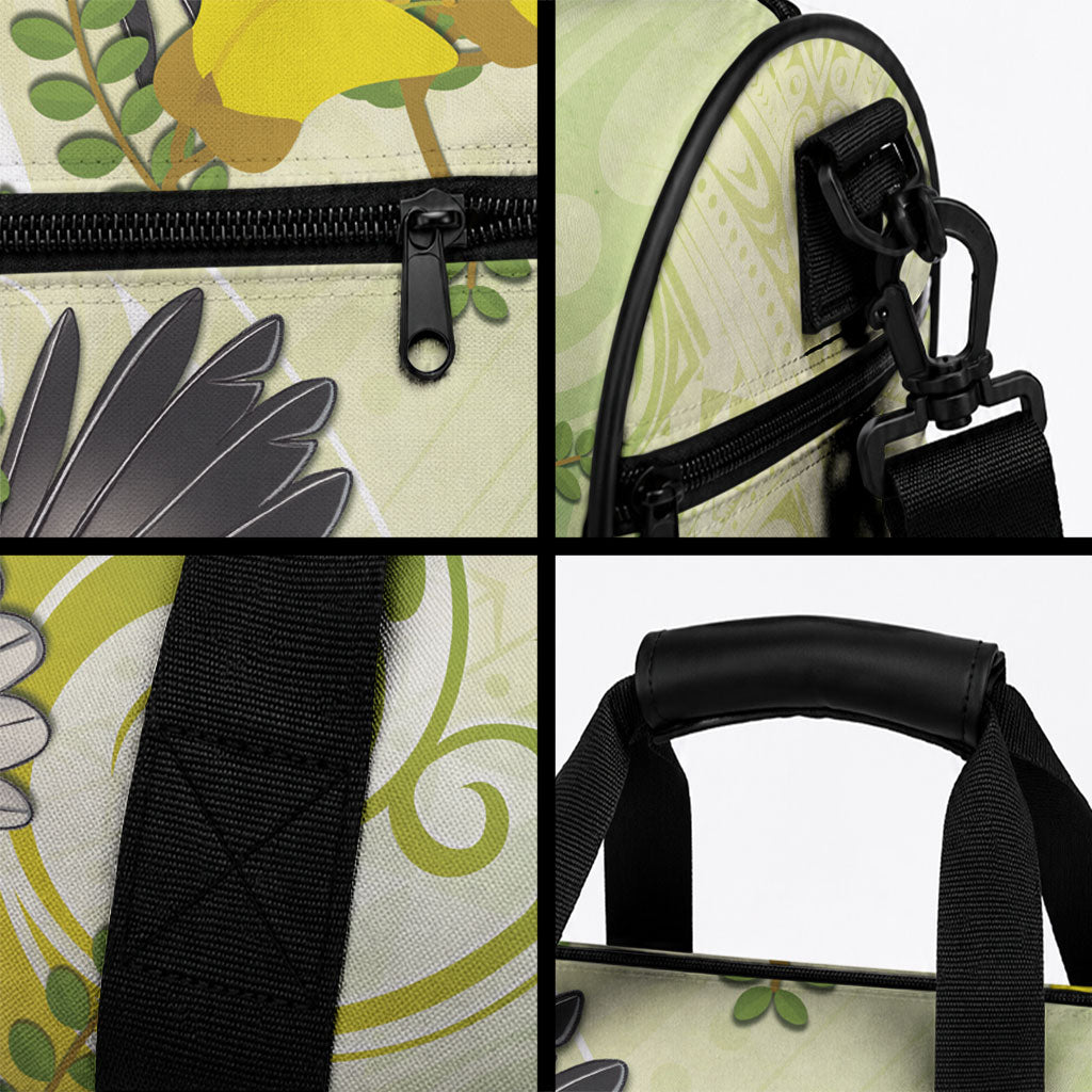 New Zealand Piwakawaka Fantail Bird Duffle Bag With Kowhai Flowers