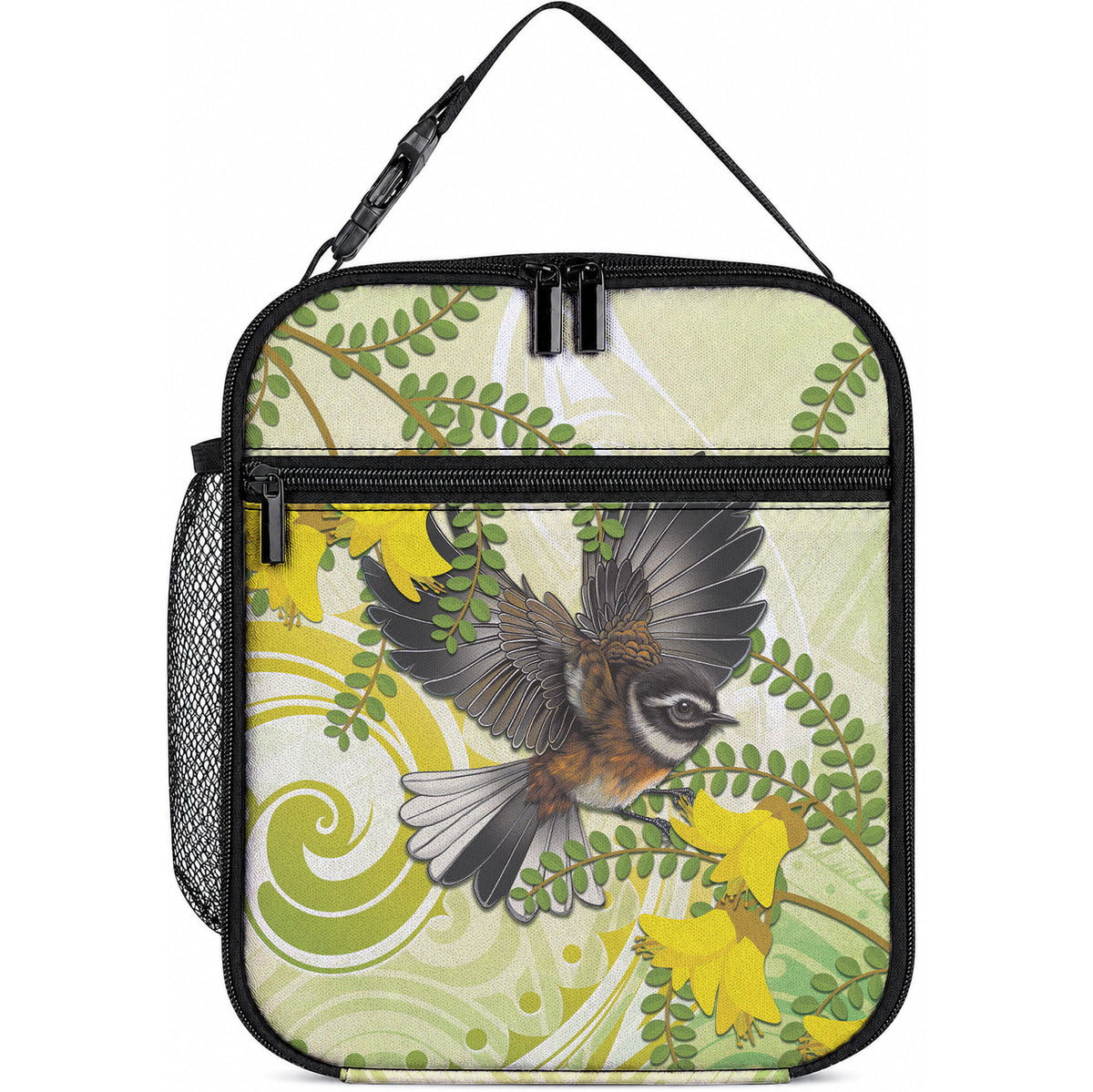 New Zealand Piwakawaka Fantail Bird Lunch Bag With Kowhai Flowers