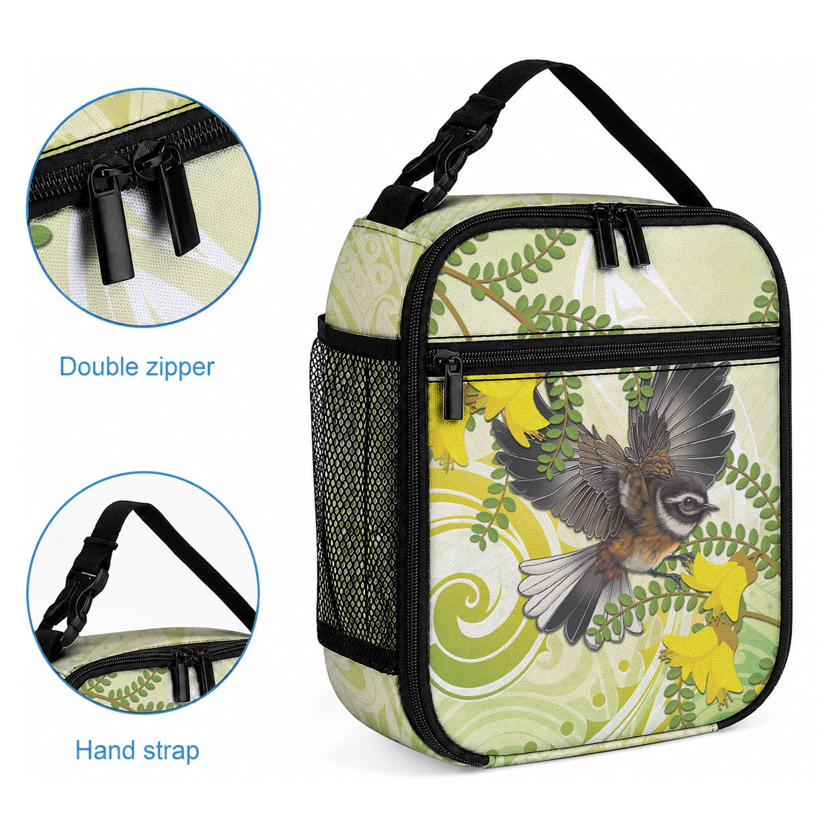 New Zealand Piwakawaka Fantail Bird Lunch Bag With Kowhai Flowers