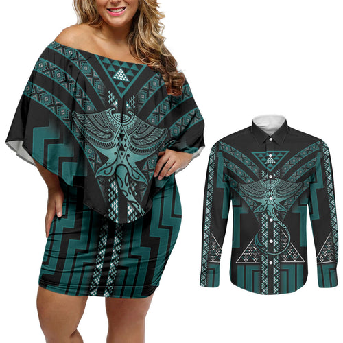 New Zealand Manta Ray Couples Matching Off Shoulder Short Dress and Long Sleeve Button Shirt Maori Tukutuku Taniko Motifs Teal