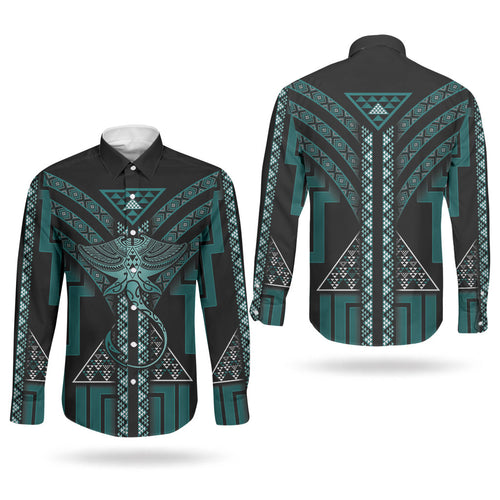 New Zealand Manta Ray Couples Matching Off Shoulder Short Dress and Long Sleeve Button Shirt Maori Tukutuku Taniko Motifs Teal