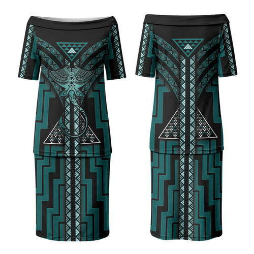 New Zealand Manta Ray Couples Matching Puletasi and Hawaiian Shirt Maori Tukutuku Taniko Motifs Teal
