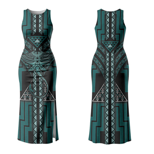 New Zealand Manta Ray Couples Matching Tank Maxi Dress and Long Sleeve Button Shirt Maori Tukutuku Taniko Motifs Teal