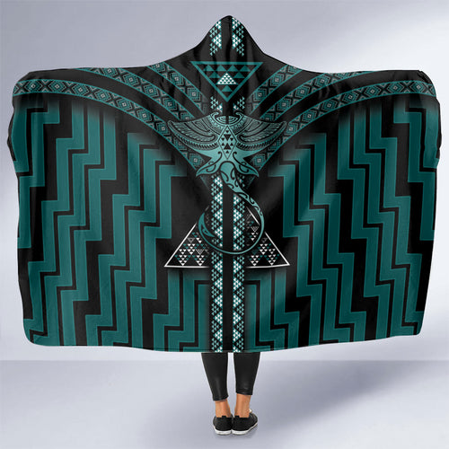 New Zealand Manta Ray Hooded Blanket Maori Tukutuku Taniko Motifs Teal