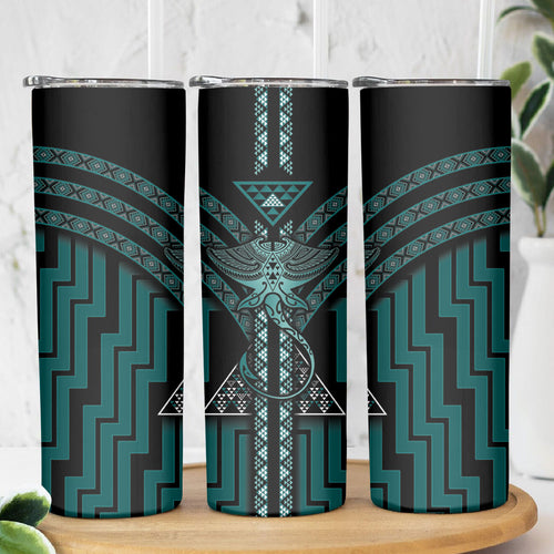 New Zealand Manta Ray Skinny Tumbler Maori Tukutuku Taniko Motifs Teal