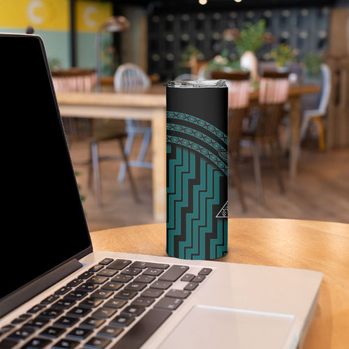 New Zealand Manta Ray Skinny Tumbler Maori Tukutuku Taniko Motifs Teal