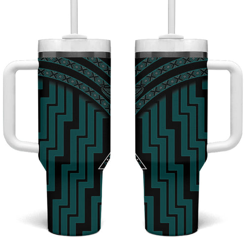 New Zealand Manta Ray Tumbler With Handle Maori Tukutuku Taniko Motifs Teal