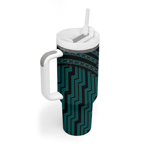 New Zealand Manta Ray Tumbler With Handle Maori Tukutuku Taniko Motifs Teal