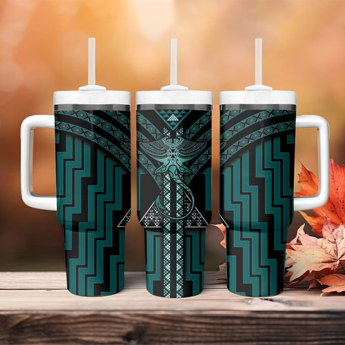 New Zealand Manta Ray Tumbler With Handle Maori Tukutuku Taniko Motifs Teal