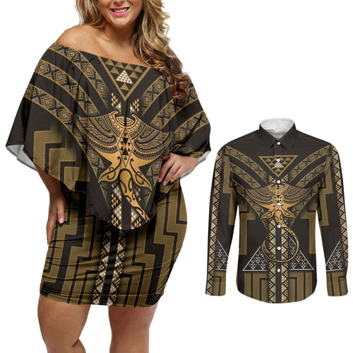 New Zealand Manta Ray Couples Matching Off Shoulder Short Dress and Long Sleeve Button Shirt Maori Tukutuku Taniko Motifs Gold