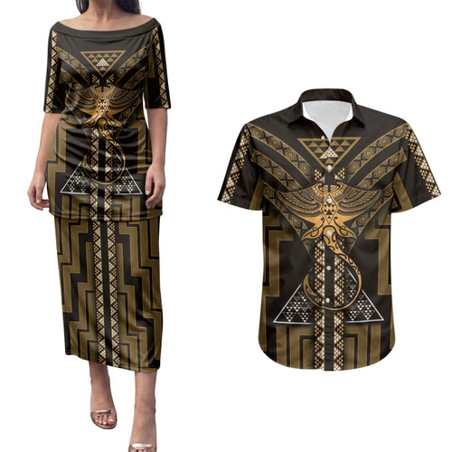 New Zealand Manta Ray Couples Matching Puletasi and Hawaiian Shirt Maori Tukutuku Taniko Motifs Gold