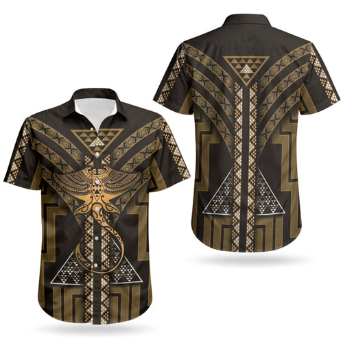 New Zealand Manta Ray Couples Matching Puletasi and Hawaiian Shirt Maori Tukutuku Taniko Motifs Gold
