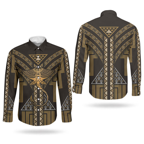 New Zealand Manta Ray Couples Matching Tank Maxi Dress and Long Sleeve Button Shirt Maori Tukutuku Taniko Motifs Gold
