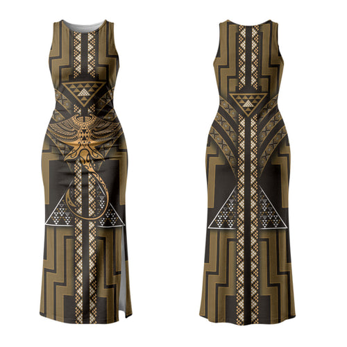 New Zealand Manta Ray Couples Matching Tank Maxi Dress and Long Sleeve Button Shirt Maori Tukutuku Taniko Motifs Gold