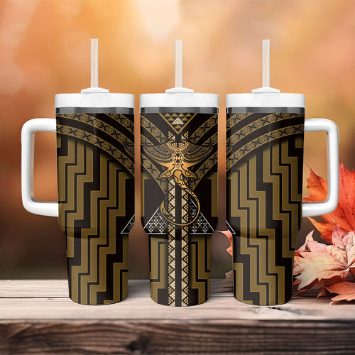 New Zealand Manta Ray Tumbler With Handle Maori Tukutuku Taniko Motifs Gold