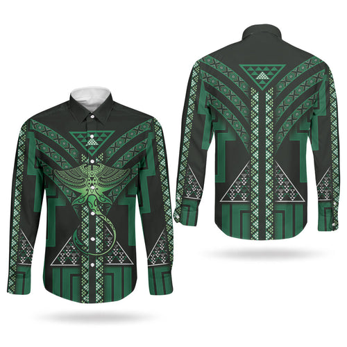 New Zealand Manta Ray Couples Matching Off Shoulder Short Dress and Long Sleeve Button Shirt Maori Tukutuku Taniko Motifs Green