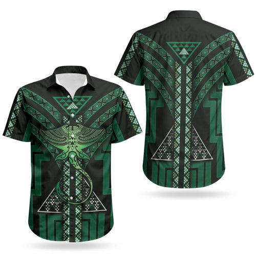 New Zealand Manta Ray Couples Matching Puletasi and Hawaiian Shirt Maori Tukutuku Taniko Motifs Green