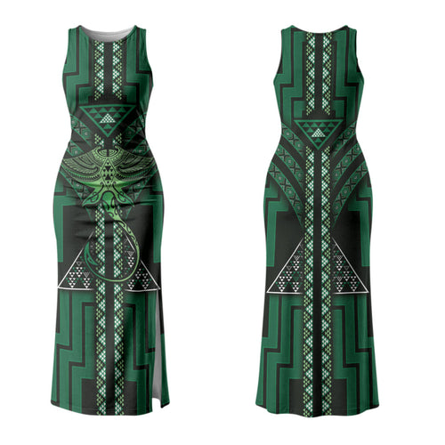 New Zealand Manta Ray Couples Matching Tank Maxi Dress and Long Sleeve Button Shirt Maori Tukutuku Taniko Motifs Green