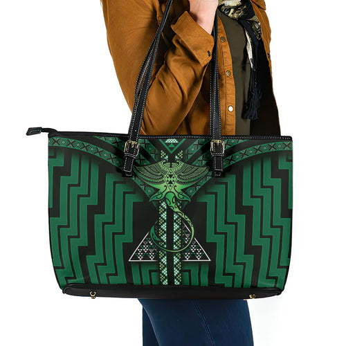 New Zealand Manta Ray Leather Tote Bag Maori Tukutuku Taniko Motifs Green