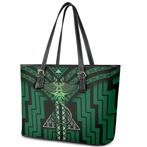 New Zealand Manta Ray Leather Tote Bag Maori Tukutuku Taniko Motifs Green
