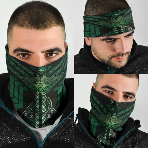 New Zealand Manta Ray Neck Gaiter Maori Tukutuku Taniko Motifs Green
