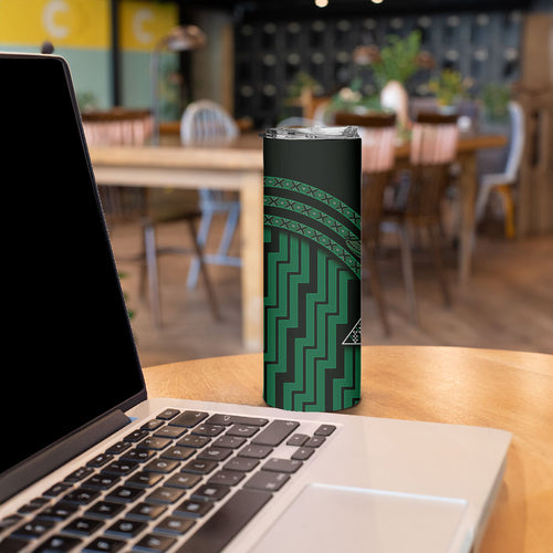 New Zealand Manta Ray Skinny Tumbler Maori Tukutuku Taniko Motifs Green