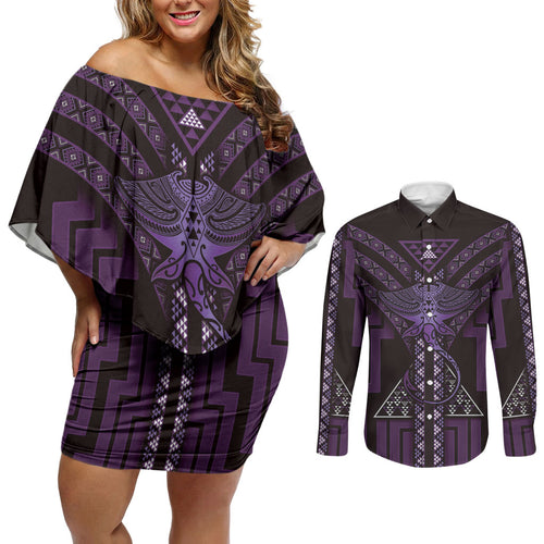 New Zealand Manta Ray Couples Matching Off Shoulder Short Dress and Long Sleeve Button Shirt Maori Tukutuku Taniko Motifs Purple