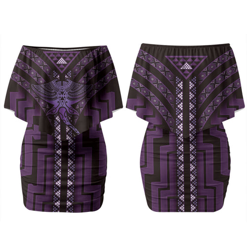 New Zealand Manta Ray Couples Matching Off Shoulder Short Dress and Long Sleeve Button Shirt Maori Tukutuku Taniko Motifs Purple