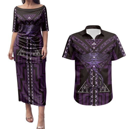 New Zealand Manta Ray Couples Matching Puletasi and Hawaiian Shirt Maori Tukutuku Taniko Motifs Purple
