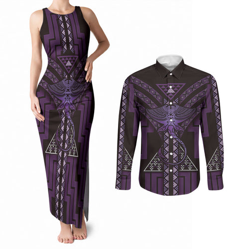 New Zealand Manta Ray Couples Matching Tank Maxi Dress and Long Sleeve Button Shirt Maori Tukutuku Taniko Motifs Purple