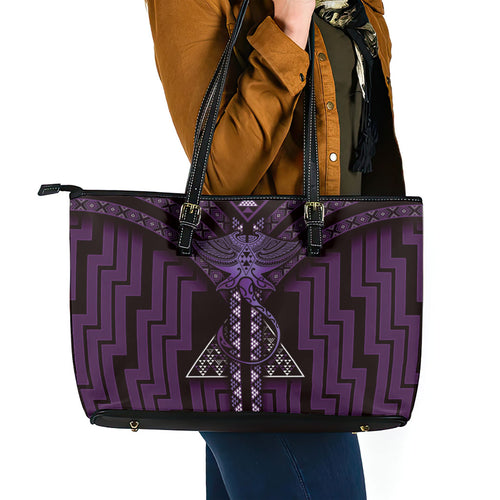 New Zealand Manta Ray Leather Tote Bag Maori Tukutuku Taniko Motifs Purple