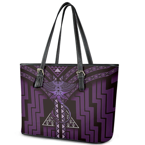 New Zealand Manta Ray Leather Tote Bag Maori Tukutuku Taniko Motifs Purple